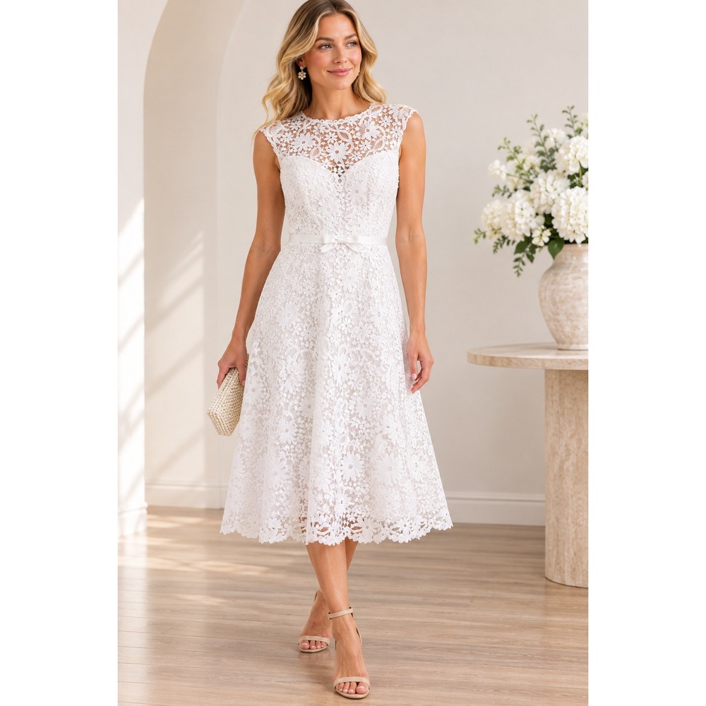 NWT Sue Wong Nocturne White Floral Lace Midi A-Line Dress Bridal Size 8
